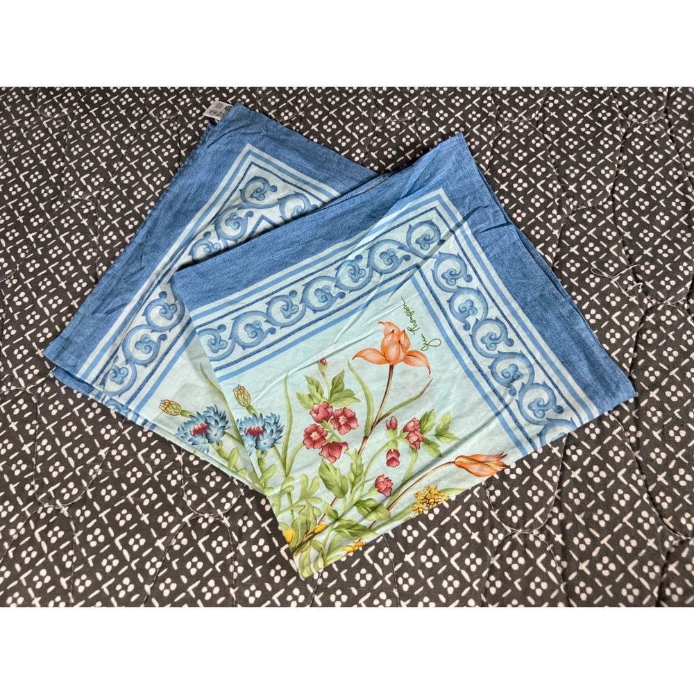 Jim Thompson Blue Floral Cotton Square Scarf Made in Thailand 18.5in